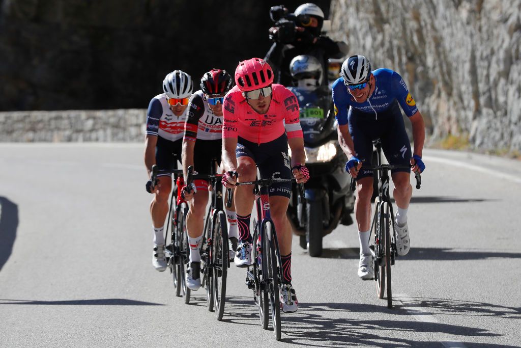 LEVENS FRANCE MARCH 14 Sven Erik Bystrom of Norway and UAE Team Emirates Tim Declercq of Belgium and Team Deceuninck QuickStep Jonas Rutsch of Germany and Team EF Education Nippo Edward Theuns of Belgium and Team Trek Segafredo during the 79th Paris Nice 2021 Stage 8 a 927km stage from Le PlanduVar to Levens 518m Breakaway Stage itinerary redesigned due to COVID19 lockdown imposed in the city of Nice ParisNice on March 14 2021 in Levens France Photo by Bas CzerwinskiGetty Images