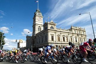 The peloton corner in front of the Ballarat Town Hall.