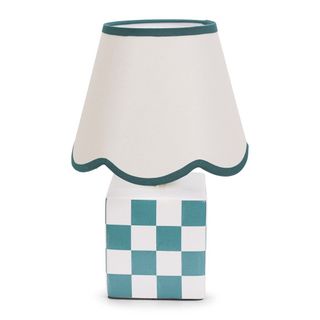 Evie Ceramic Cube Check Table Lamp With Sage Green Trim Linen Scallop Lamp Shade