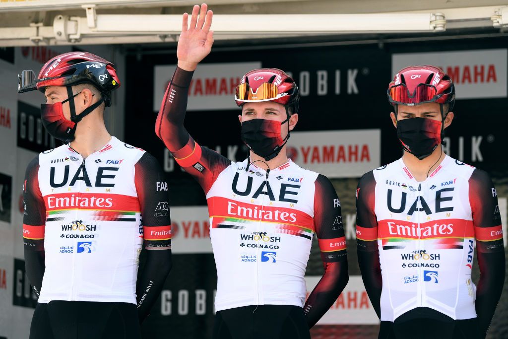 CALELLA SPAIN MARCH 22 Start Podium Marc Hirschi of Switzerland and UAE Team Emirates during the 100th Volta Ciclista a Catalunya 2021 Stage 1 a 1784km stage from Calella to Calella Mask Covid safety measures Team Presentation VoltaCatalunya100 on March 22 2021 in Calella Spain Photo by David RamosGetty Images