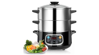 Multi-level food steamer with stainless steel sections and a black bottom.