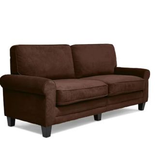 A dark brown two-seater couch with thick cushions