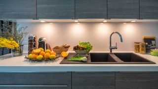A modern grey kitchen with vegetables, fruit, appliances, and a sink, decorated with under cabinet lighting.