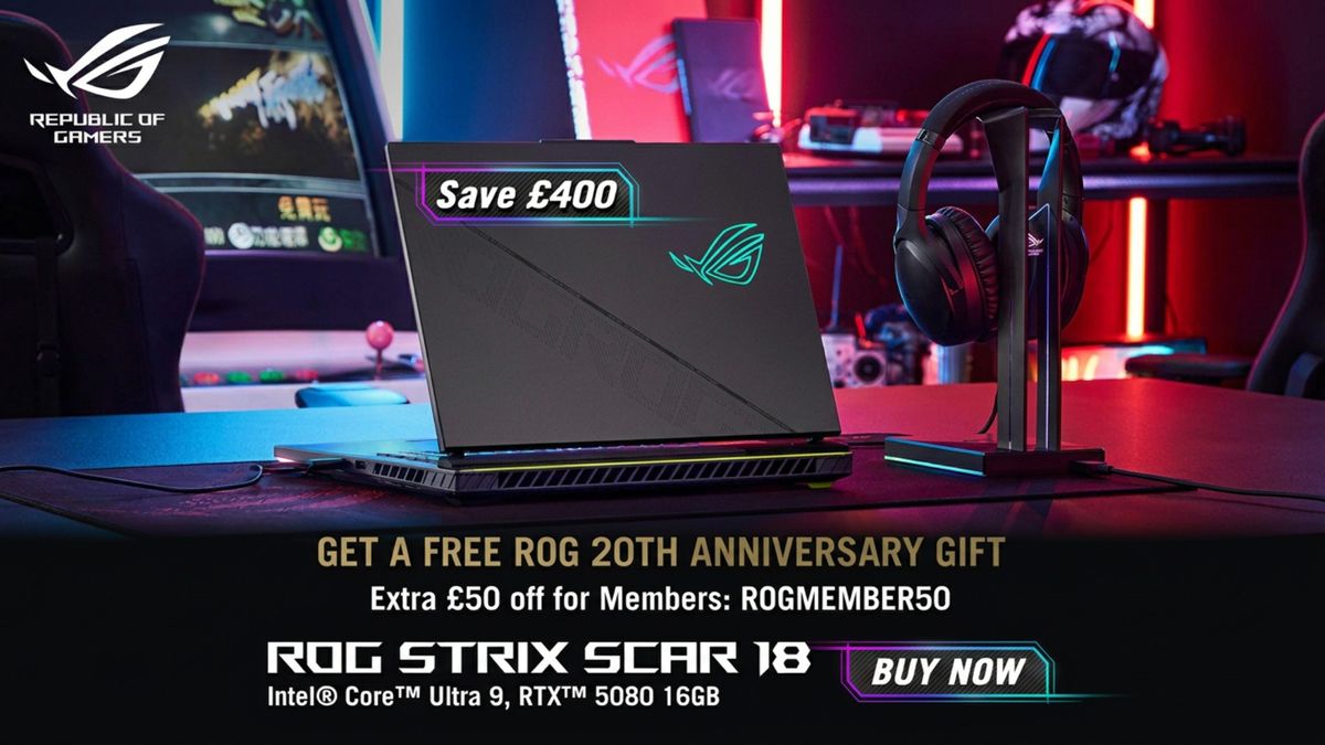 Asus artwork showing the offer running on the ROG Strix SCAR 18 laptop for the ROG 20th Anniversary event.