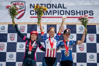 2016 us pro time trial championship podium: Amber Neben (2nd), Carmen Small (1st) and Kristin Armstrong (3rd)