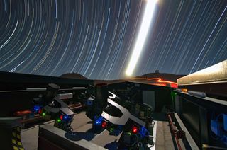 This night time long-exposure view shows the Next-Generation Transit Survey (NGTS) telescopes during testing.
