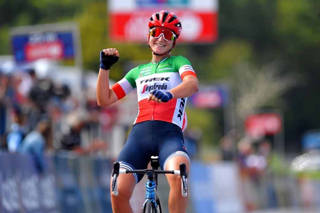 PLOUAY FRANCE AUGUST 30 Elisa Longo Borghini of Italy and Team Trek Segafredo celebrates winning during the 20th GP de Plouay Lorient Agglomration Trophe Ceratizit 2021 a 1504km one day race from Plouay to Plouay GrandPrixPlouay OuestFrance on August 30 2021 in Plouay France Photo by Luc ClaessenGetty Images