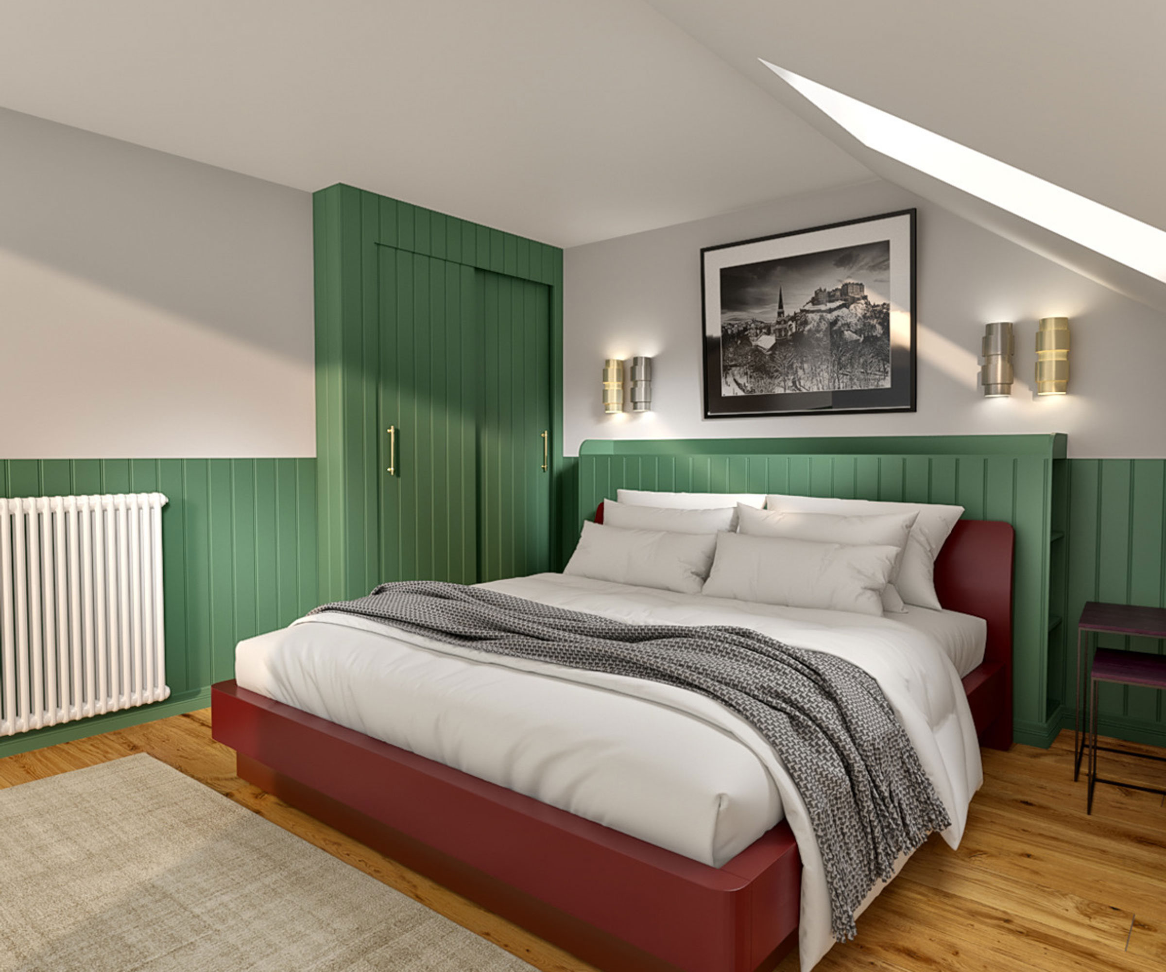 double bedroom with green half wall panelling and matching wardrobe