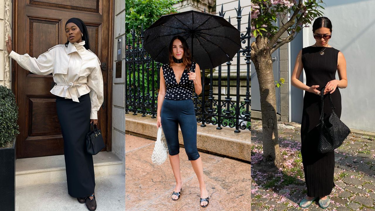 a collage of summer rainy day outfit ideas