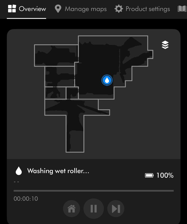 MyDyson app overview screen showing a floor map and washing wet roller status for the Dyson Spot+Scrub Ai