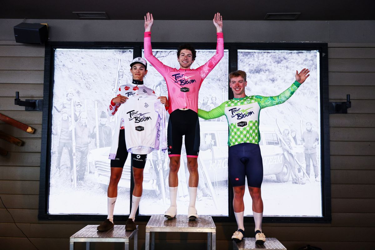 Nathan Martin (SpeedBlock p/b Terun), in the pink jersey, won the elite men's overall at 2026 Tour de Bloom, with Cameron Hampton (Kelly Benefits) earning the KOM and youth classifications