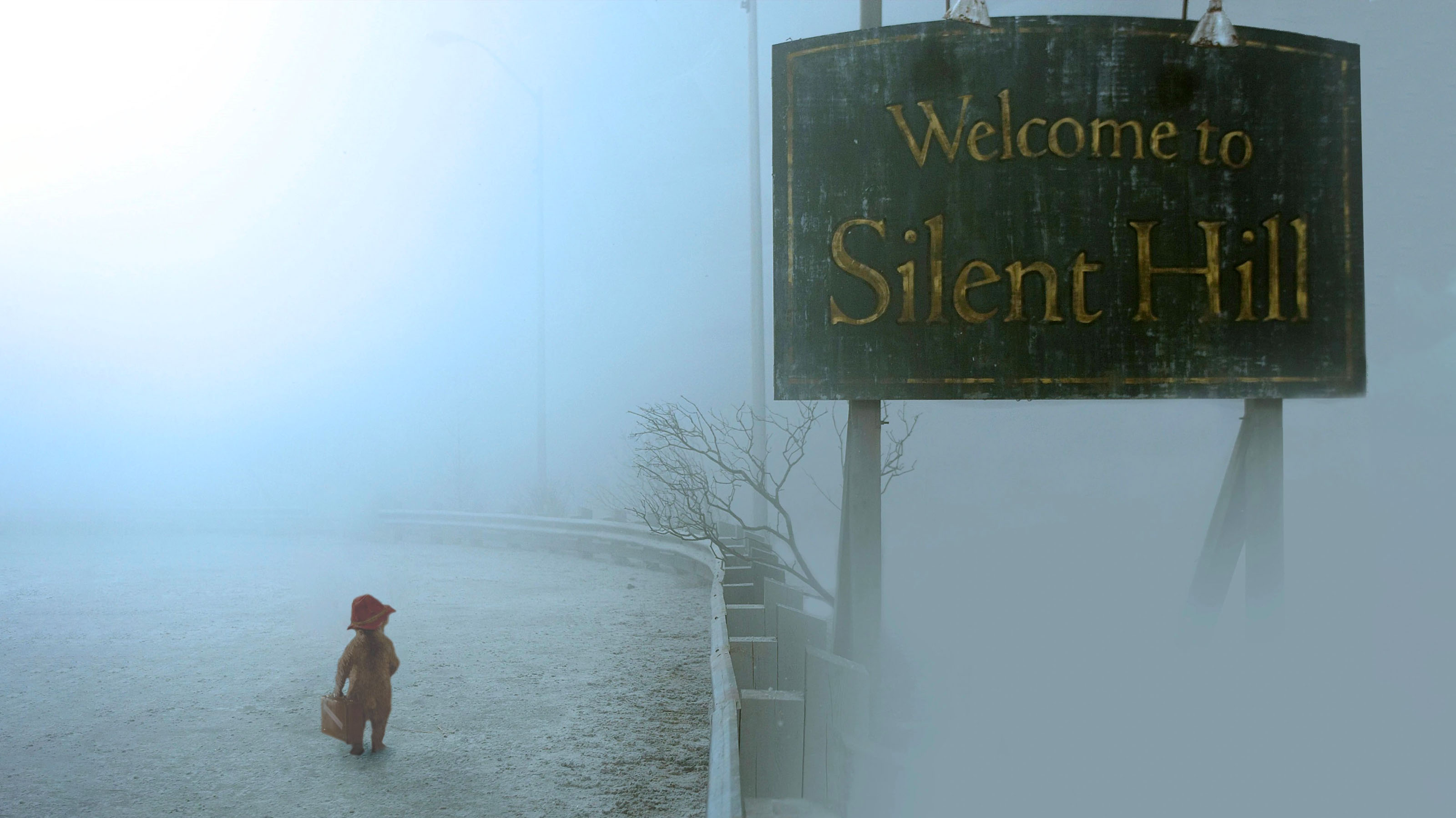A shot of Paddington Bear photoshopped into a scene from Silent Hill