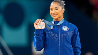 Jordan Chiles of USA celebrates during the Women's Artistic Gymnastics Floor Exercise Final medal ceremony on Day 10 of the Olympic Games Paris 2024 at Bercy Arena on August 5, 2024 in Paris, France.