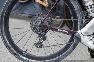 A close up of Taylor Lideen's bike showing the new Shimano GRX 12-speed groupset