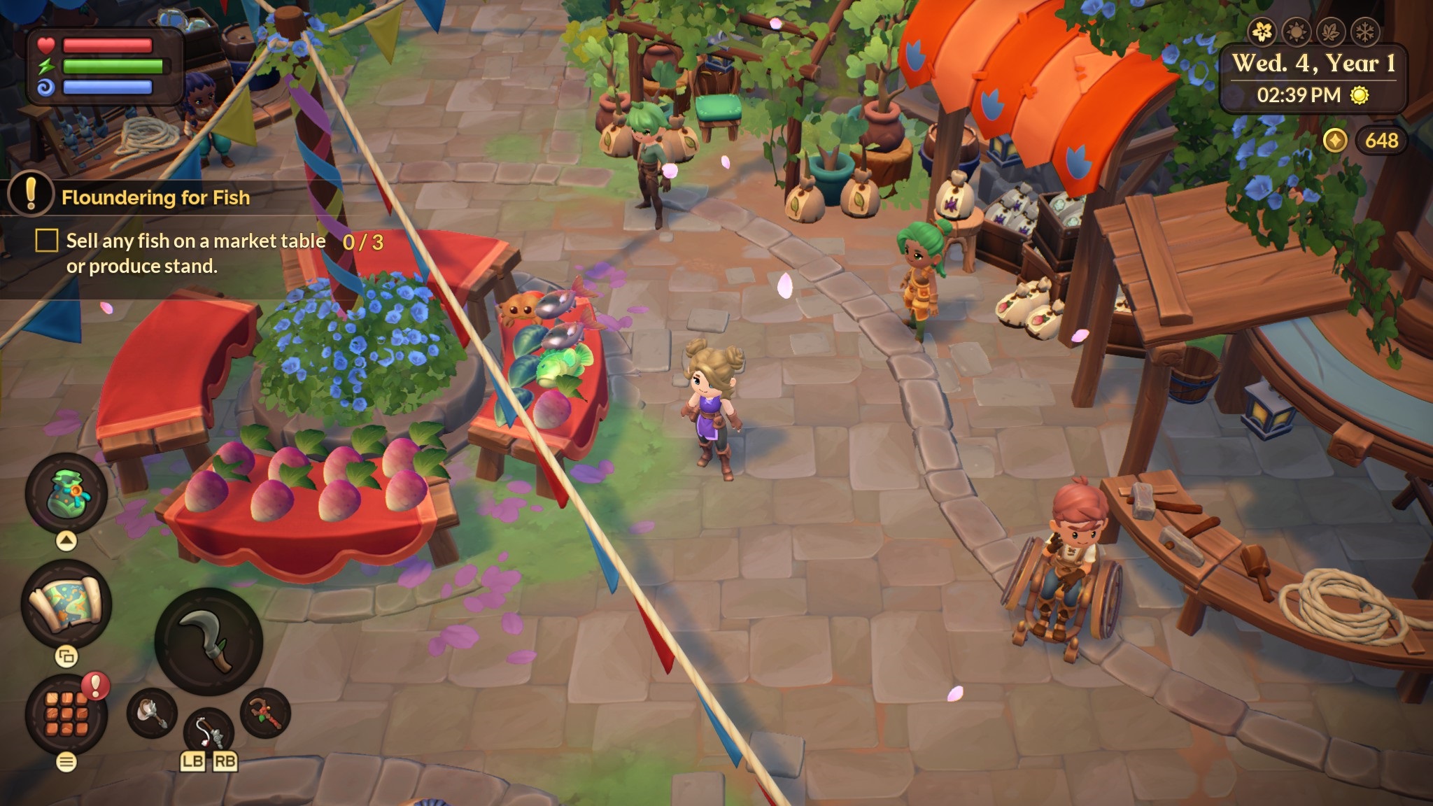 Fae Farm - A player stands in a stone cobbled market next to tables where they've placed their goods