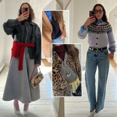 an outfit collage of Larissa Mills wearing a black jacket, grey skirt, and red sweater around her waist and blue jeans and a fair isle cardigan with a blue button-down shirt.