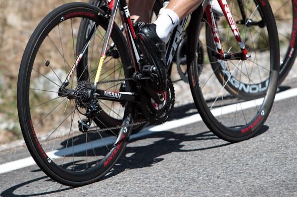 Levi Leipheimer (RadioShack) using almost all the gear he had on the steep climb.