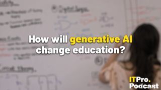 The words ‘How will generative AI change education?&#039; decorative: ‘generative AI’ in yellow, other words in white. They are set against a blurred image of a female educator writing on a whiteboard, in a mix of words and logic diagrams. The ITPro podcast logo is in the bottom right corner.