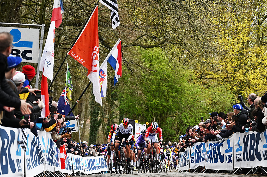 WEVELGEM, BELGIUM - MARCH 29: (L-R) Franziska Koch of Germany and Team FDJ United - SUEZ and Lorena Wiebes of Netherlands and Team SD Worx - Protime compete during 13th In Flanders Fields - From Middelkerke to Wevelgem 2026 - Women's Elite a 135.2km one day race from Wevelgem to Wevelgem / #UCIWWT / on March 29, 2026 in Wevelgem, Belgium. (Photo by Luc Claessen/Getty Images)