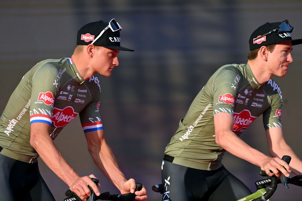 Mathieu van der Poel and Tobias Bayer at the 2022 Giro d'Italia teams presentation