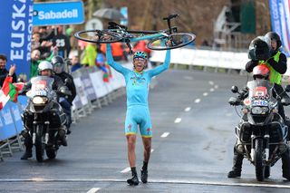 Diego Rosa (Astana) celebrates his 100km solo victory ride in Pais Vasco