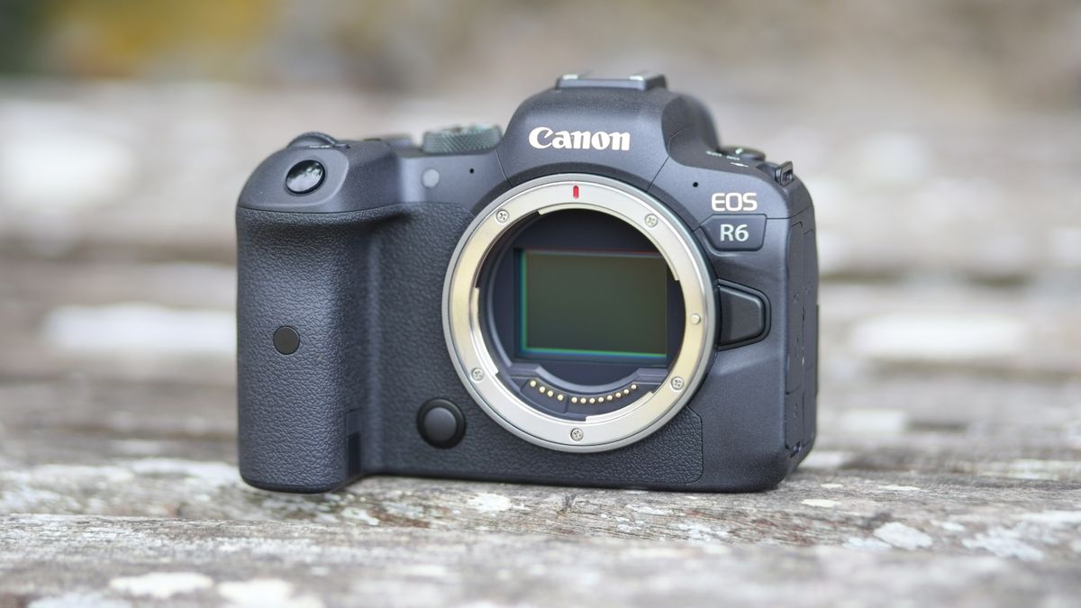 Canon EOS R6, with its sensor exposed, on a wooden surface outdoors