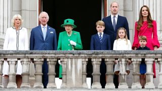 Camilla, Duchess of Cornwall, Prince Charles, Prince of Wales, Queen Elizabeth II, Prince George of Cambridge, Prince William, Duke of Cambridge, Princess Charlotte of Cambridge, Prince Louis of Cambridge and Catherine, Duchess of Cambridge stand on the balcony of Buckingham Palace