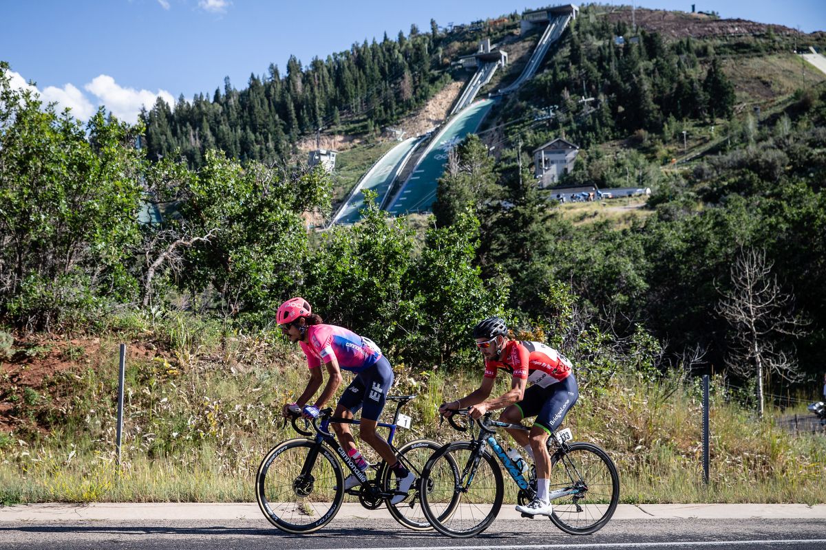 Lachlan Morton (EF Education First) and Hayden McCormick (Team Bridgelane) climb away from their rivals