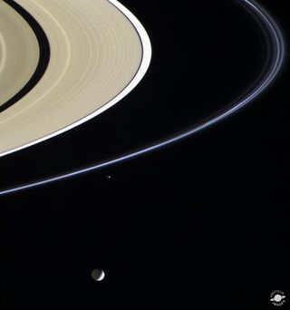 This image, created by Maksim Kakitsev, shows Saturn's inner rings, the moon Mimas (at the bottom) and the F ring.
