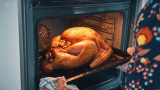 picture of woman taking turkey out of oven