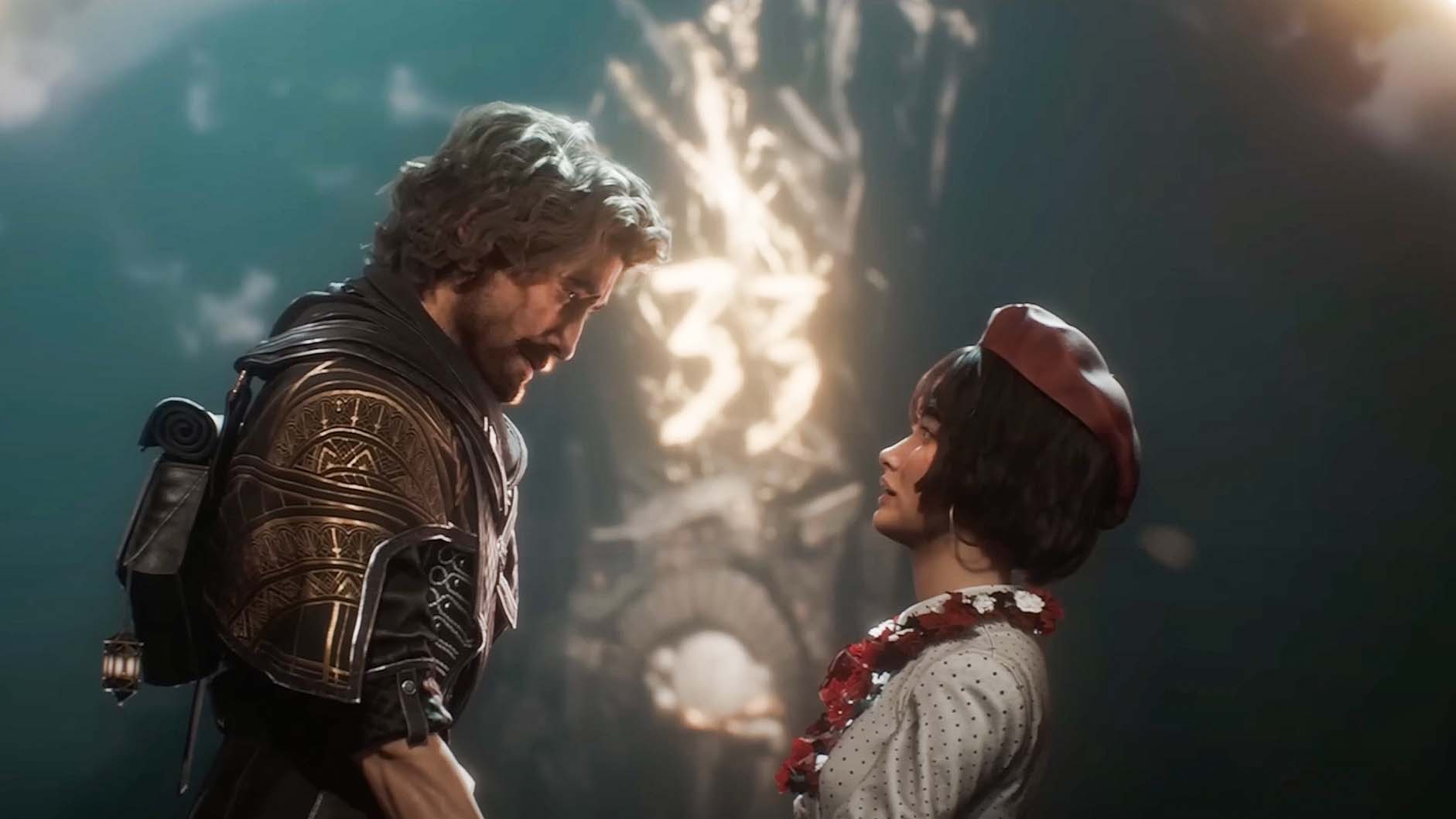 Screenshot from Clair Obscur: Expedition 33 showing Gustave and Sophie looking at each other with the Paintress and 33 in the background.