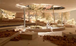 Digital design of the open air room/garden with a round pond in the middle reflecting to the ceiling. Surrounded by trees