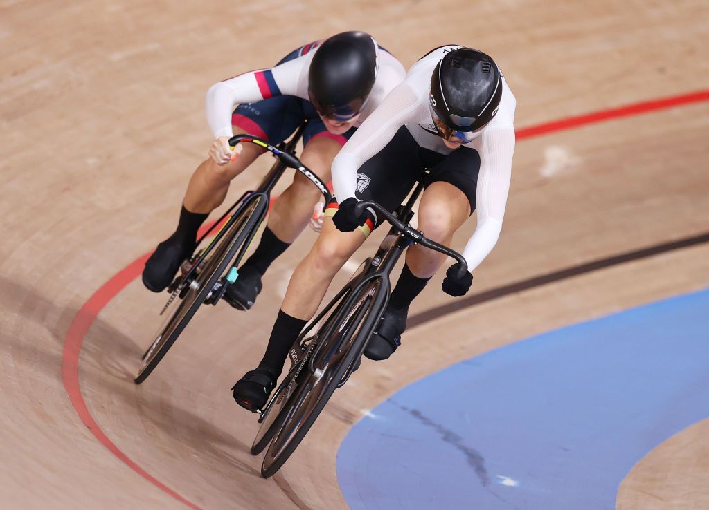 IZU, JAPAN - AUGUST 07: (L-R) Anastasiia Voinova of Team ROC and Lea Sophie Friedrich of Team Germany sprint during the Women&#039;s sprint round of 8 finals - heat 1 of the track cycling on day filthen of the Tokyo 2020 Olympic Games at Izu Velodrome on August 07, 2021 in Izu, Shizuoka, Japan. (Photo by Justin Setterfield/Getty Images)