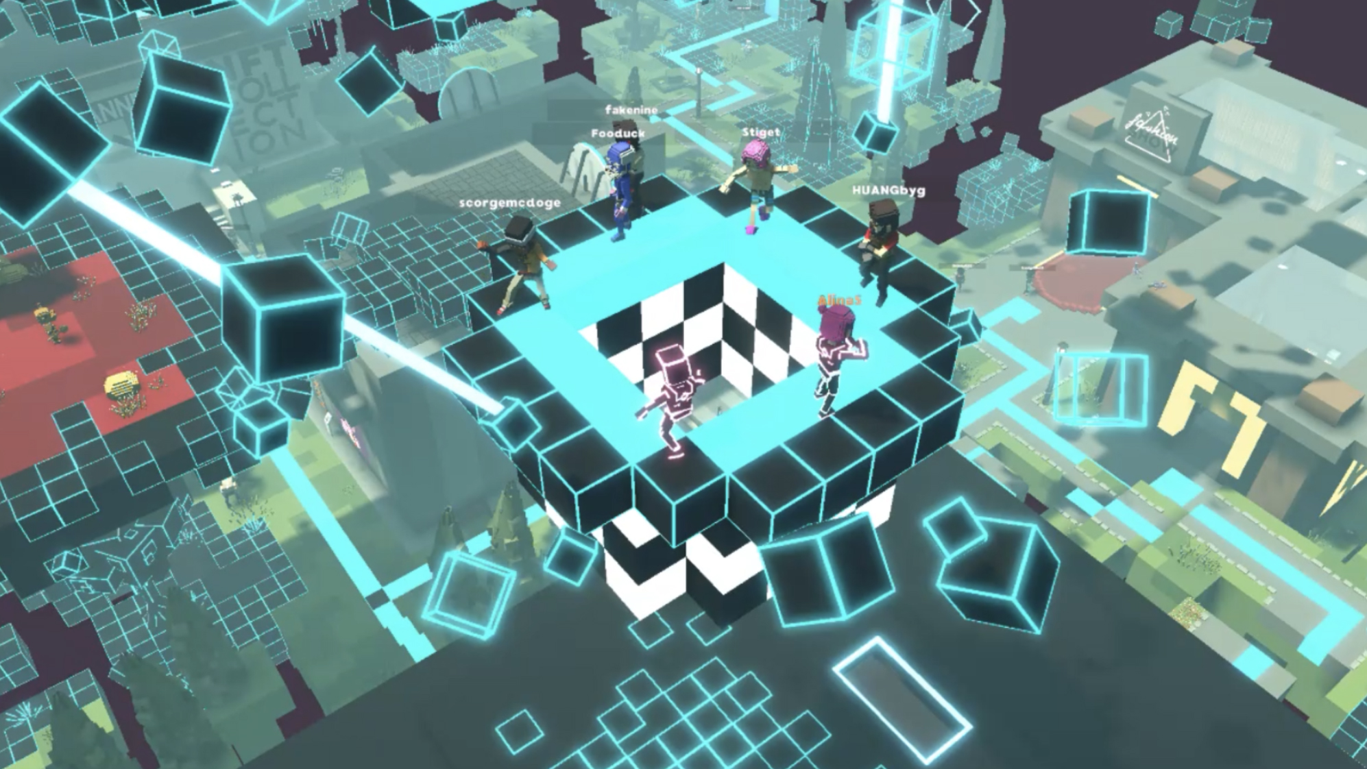 Players interact on a platform above a world in NFT game, The Sandbox