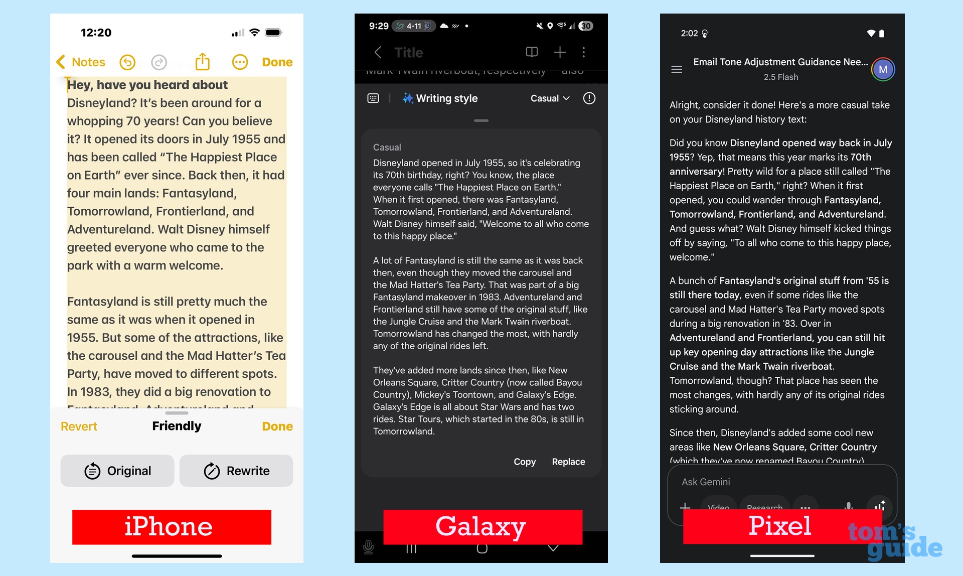 Making a writing tone more casual with ai writing tools on an iPhone, Galaxy S and Pixel device