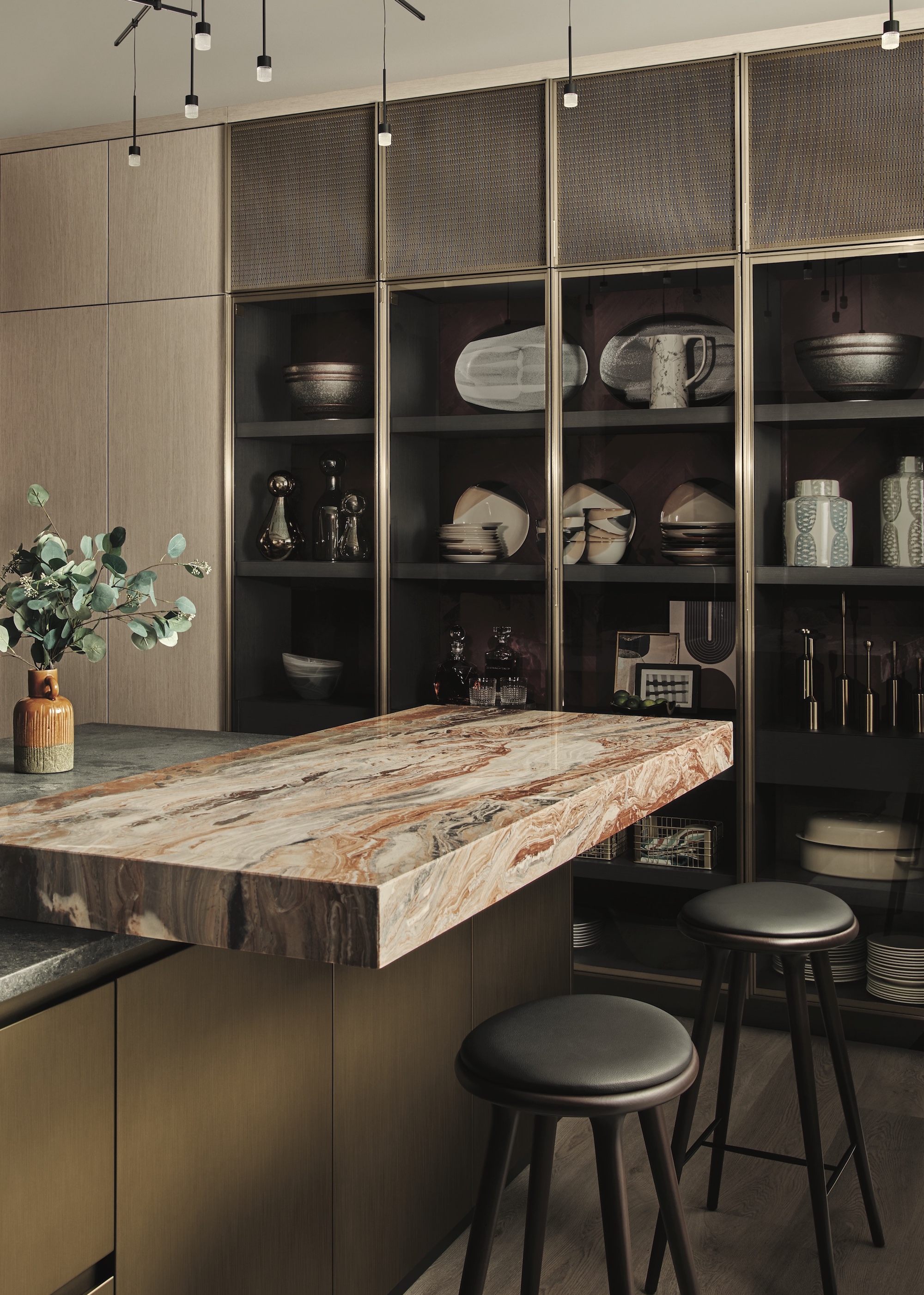 kitchen with marble breakfast bar slab in a red color, with glass fronted cabinets filled with storage