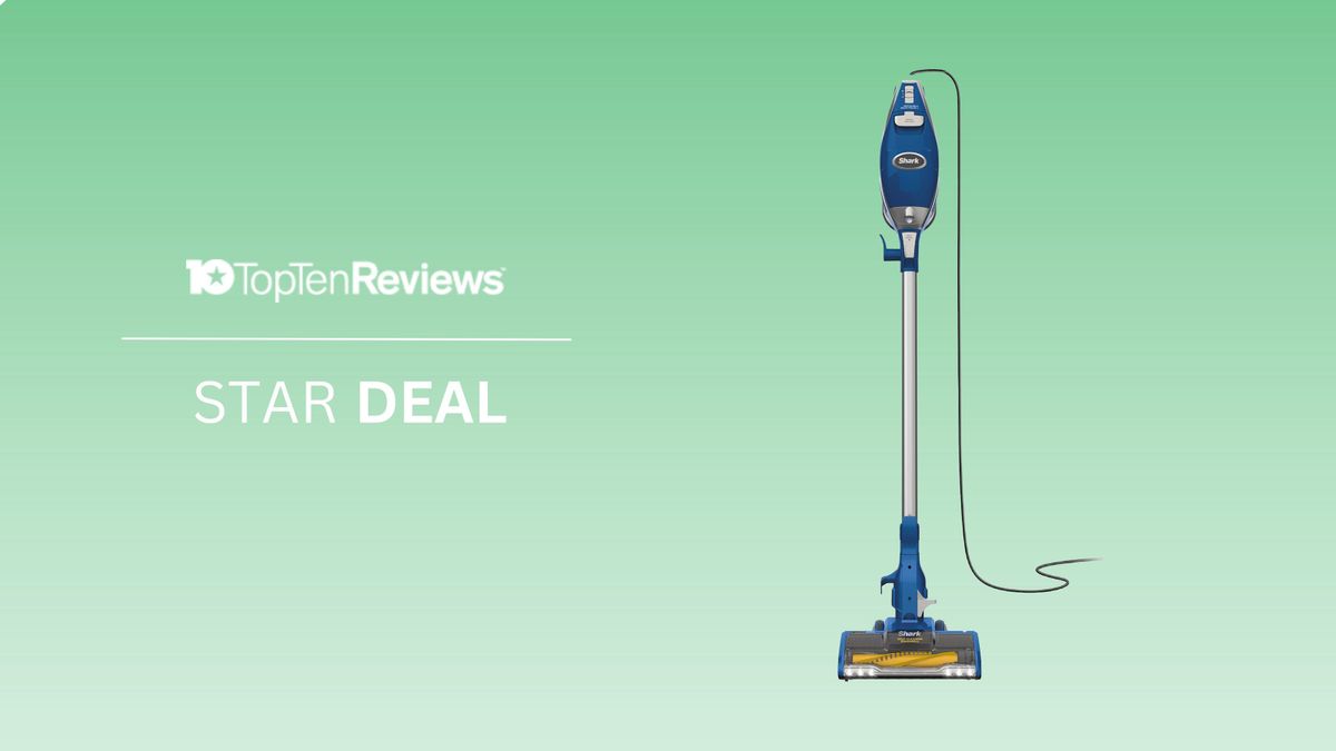 Shark HV343AMZ Rocket Corded Stick Vacuum on a green background