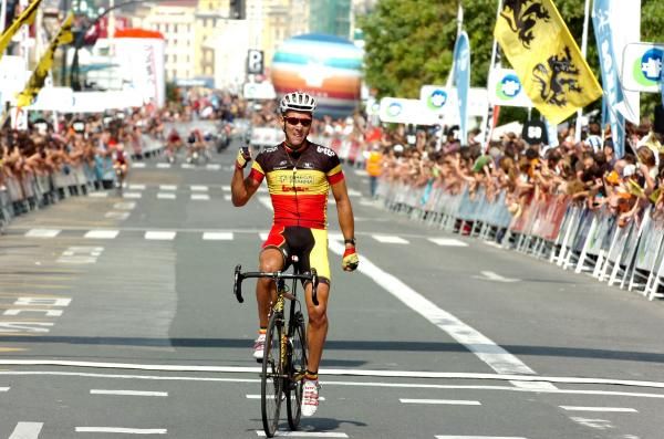 Philippe Gilbert (Omega Pharma-Lotto) crosses the line alone.