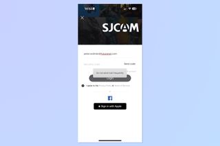 A screenshot of the SJCAM App login page, showing a warning message.