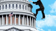 Photo composite of a congressman climbing down from the Capitol dome