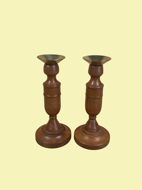 Antique Matching Pair Of Wooden Brass Gold Metal Top Candlestick