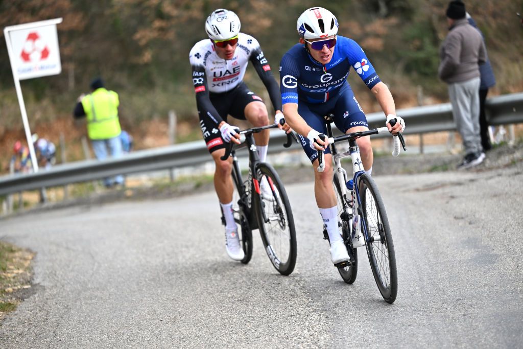 GUILHERANDGRANGES FRANCE MARCH 01 LR Juan Ayuso Pesquera of Spain and Team UAE Team Emirates and race winner Romain Gregoire of France and Team GroupamaFDJ compete in the chase group during the 25th FaunArdeche Classic 2025 a 1659km one day race from GuilherandGranges to GuilherandGranges on March 01 2025 in GuilherandGranges France Photo by Billy CeustersGetty Images