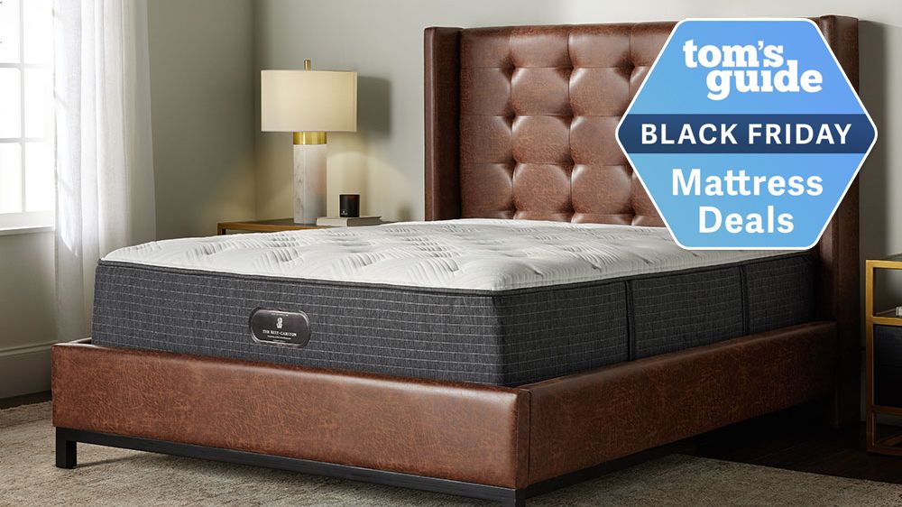 The Ritz-Carlton mattress on a bed frame in a luxury hotel room, a Tom&#039;s Guide Black Friday mattress deals graphic (right)