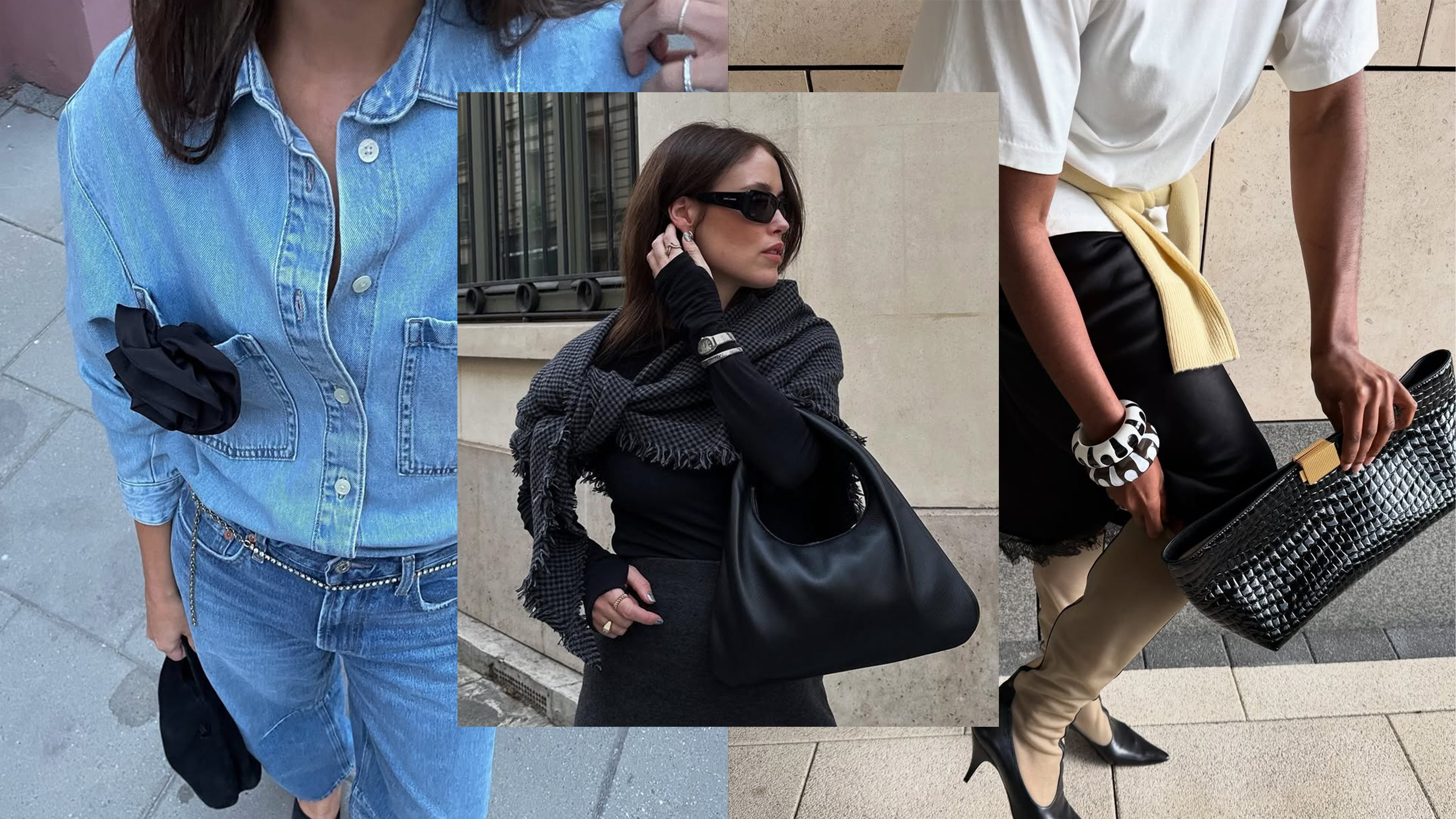 Influencer Johanna wears a denim button down and jeans with a floral brooch. Influencer Anna wears an all black outfit with silver bangles and rings. Influencer Marilyn wears black and white bangles.