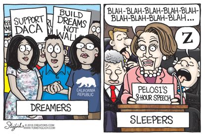 Political cartoon U.S. Nancy Pelosi filibuster Dreamers DACA immigration deal