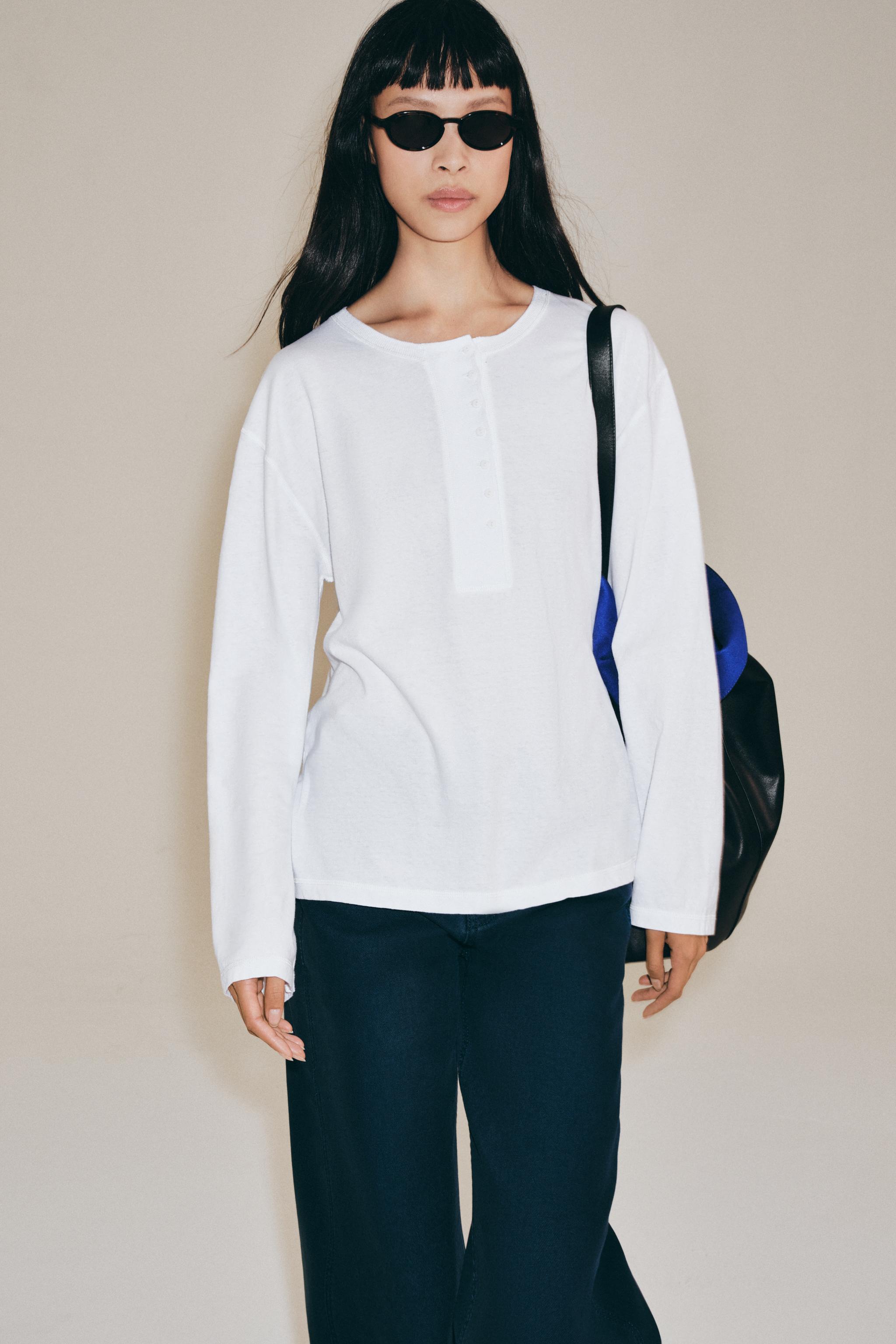 Linen Blend Henley T-Shirt - White - S