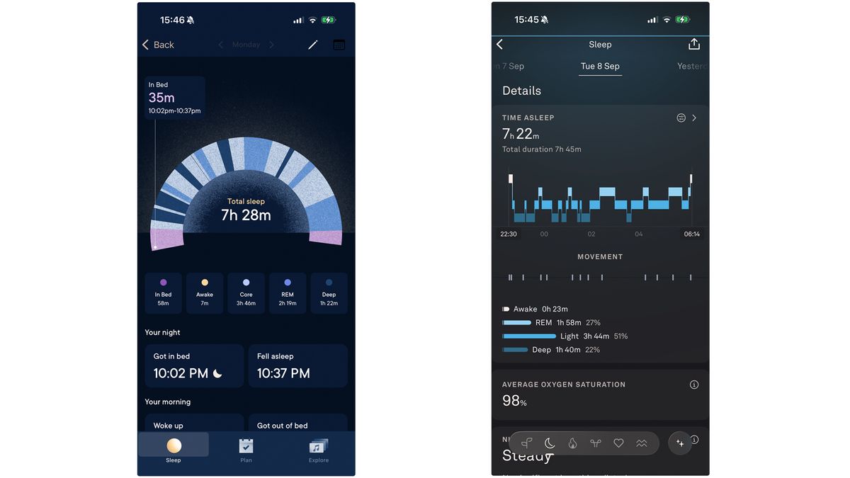 On the left is a screenshot of sleep tracking data from the Hatch app. On the right is a screenshot of sleep tracking data from the Oura app. There are slight discrepancies in the data.