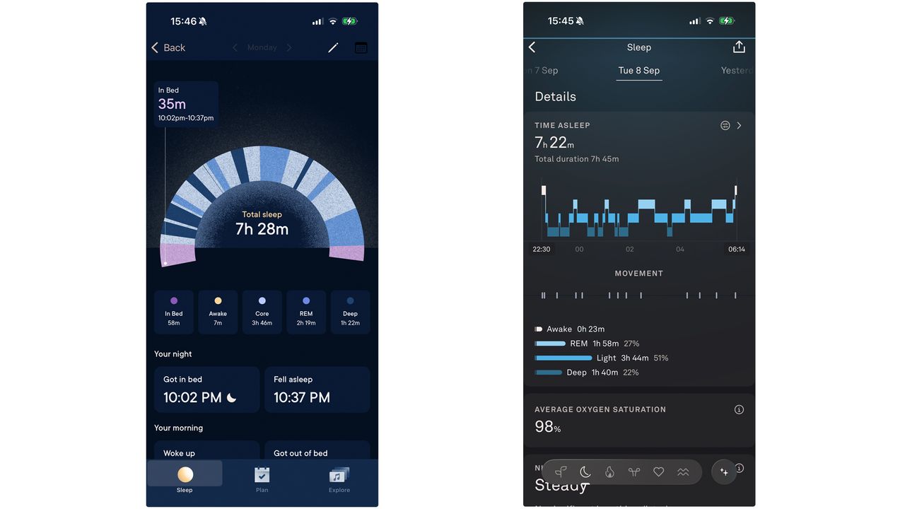 On the left is a screenshot of sleep tracking data from the Hatch app. On the right is a screenshot of sleep tracking data from the Oura app. There are slight discrepancies in the data.