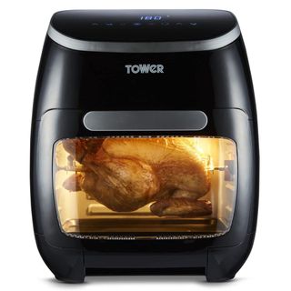 air fryer deals - tower rotisserie air fryer with window and roasting chicken inside