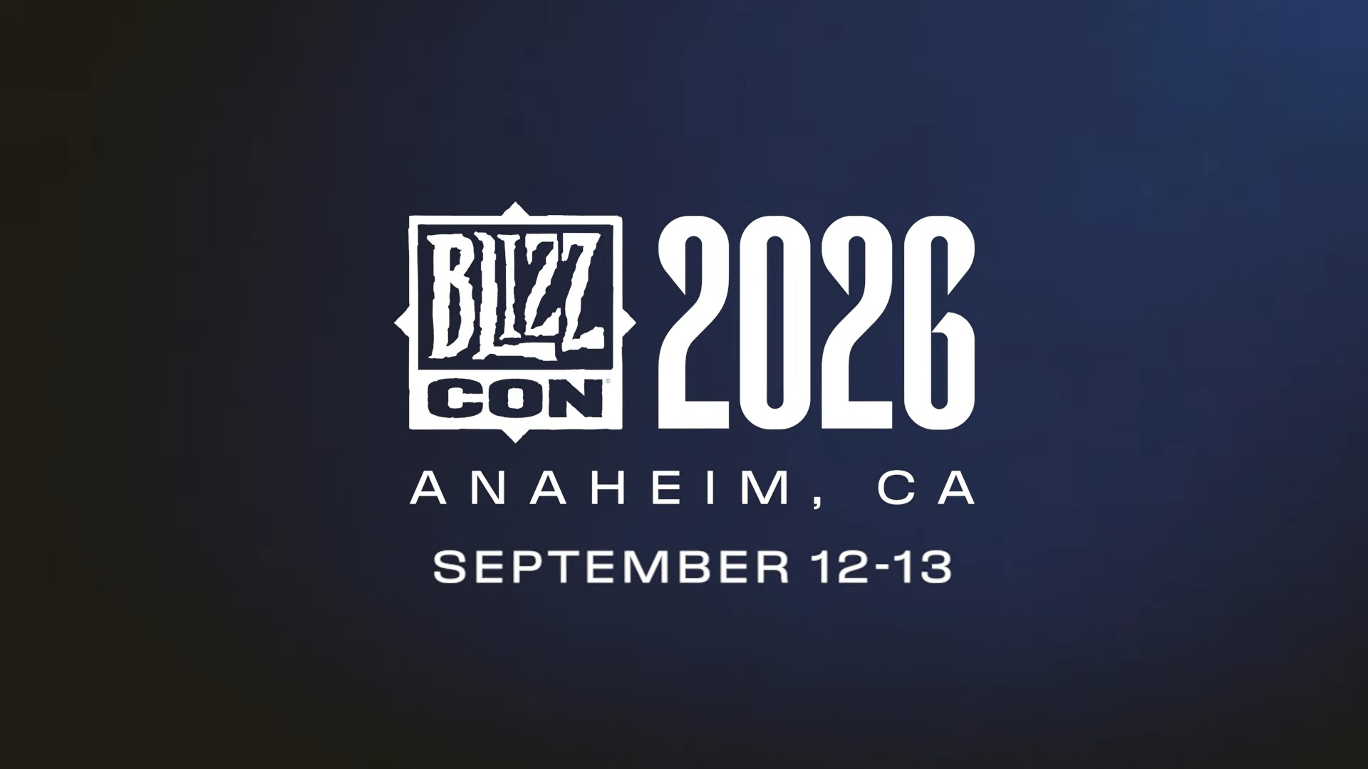 The BlizzCon 2026 logo in white text on a dark blue background, with the location Anaheim, CA and the dates September 12-13 displayed below it.